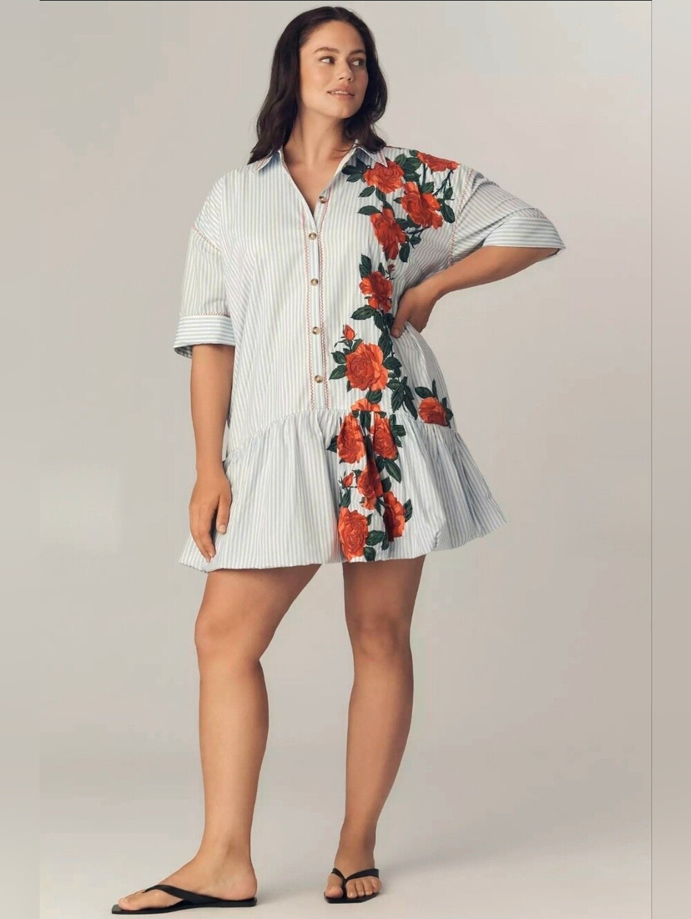 Anthropologie Striped Shirt Bubble Dress with Red Rose Print